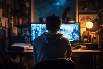 Poster - Rear view of man looking at computer screen on table, soft light photography