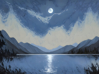 Poster - Moonlight Lake with Swans, oil-paint effect