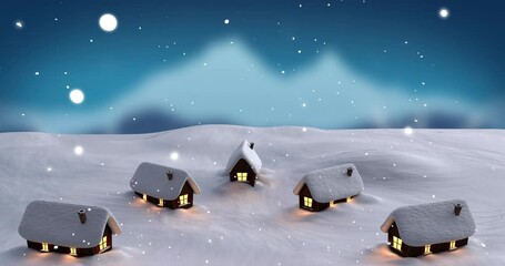 Wall Mural - Animation of snow falling over houses in winter scenery