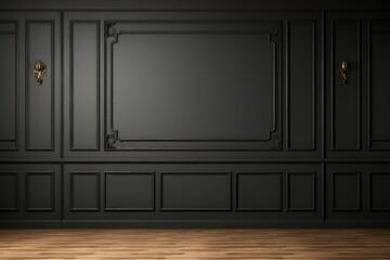 Modern classic black empty interior with wall panels and wooden floor. 3d render illustration mock up. generative ai.