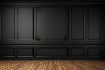 Wall Mural - Modern classic black empty interior with wall panels and wooden floor. 3d render illustration mock up. generative ai.