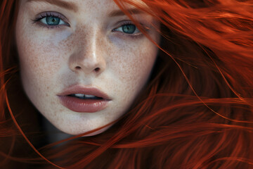 Wall Mural - Face of beautiful red haired woman covered in freckles