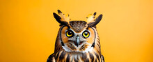 Funny Owl With Curious Expression On Yellow Background. Banner Format