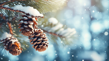 Sticker - Winter background with pine branches with pine cones in a snowy forest, Christmas tree. New Year header for a website with Copy space.