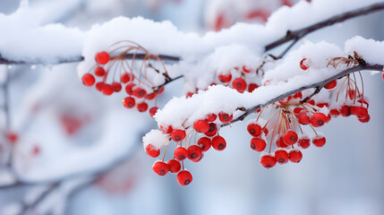 Wall Mural - Winter background with snowy branches with red berries of rowan, viburnum. New Year image with Copy space.