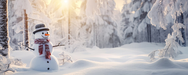 Wall Mural - Winter background with a snowman in a winter snowy forest. New Year header for a website with Copy space.