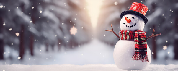 Wall Mural - Winter background with a snowman in a winter snowy forest. New Year header for a website with Copy space.