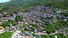 Aerial 4k Footage Of Jiufen That Is Popular For It's Many Houses On The Hillside In Taiwan.