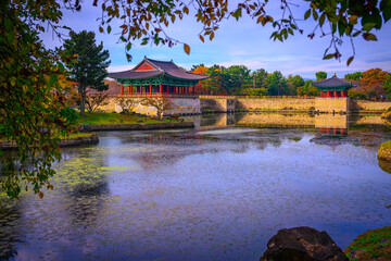 Wall Mural - Gyeongju City Landmark Heritage Site in South Korea, of Donggung Palace, Wolji Pond and Anapji Park with traditional Korean architecture and garden