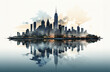 Illustration watercolour style of skyscrapers downtown city skyline reflecting in water. City life, business, growth and development concept