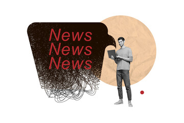 Poster - Collage picture sketch of happy successful man reading daily news watching newscast isolated on drawing background