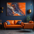 Minimalist living room interior with orange sofa and blue wall. 3d render,Generative AI