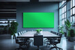 Modern Empty Meeting Room with Big Conference Table with Various Documents and Laptops on it, on the Wall Big TV with Green Chroma Key Screen. Contemporary Minimalistic Designed Workplace..
