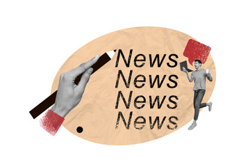 Aufkleber - Banner collage image of professional journalist reporter speaking video conference sharing news isolated on painted background