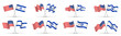 United states flag and Israel flag set, frenship symbol, wavy shape flag pole realistic illustration