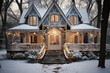 Beautiful wooden house decorated for christmas and new year in winter.
