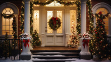 The Front Door Of The House Decorated For Christmas With A Garland.