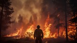 Fototapeta  - Firefighters team battle a wildfire because climate change and global warming is a driver of global wildfire trends.