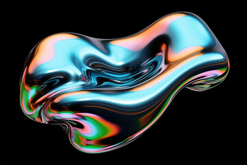 Poster - Bold holographic liquid metal shape isolated. Iridescent wavy melted chrome substance. Ai generated