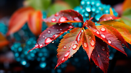 Wall Mural - beautiful autumn leaves with water drops