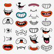 Retro cartoon funny mouths. Groovy vintage 30s 60s 70s smiley mouths with various emotions