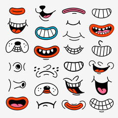 Retro cartoon funny mouths. Groovy vintage 30s 60s 70s smiley mouths with various emotions