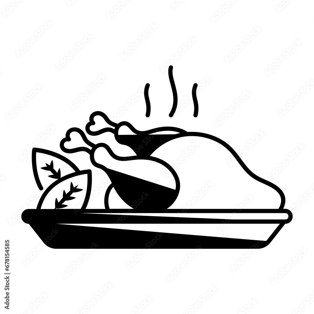 Oven Roasted Turkey in Pan with fresh Vegetable Concept, Thanksgiving Day dinner Vector Icon Design, Harvest festival Symbol, Secular holiday Sign, Religious and cultural traditions Stock Illustration