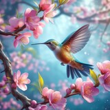 Fototapeta Sypialnia - hummingbird in flight  and flowers background photo