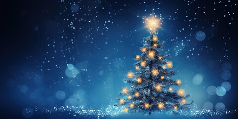 Wall Mural - Enchanting Festive Night  Ornate Christmas Tree on Blue Bokeh Background, Generative AI