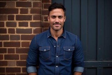 Portrait of a cheerful man in his 40s sporting a versatile denim shirt against a vintage brick wall. AI Generation