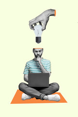 Poster - Pop retro magazine template collage of thoughtful worker guy work on business start up research have genius ideas solving task
