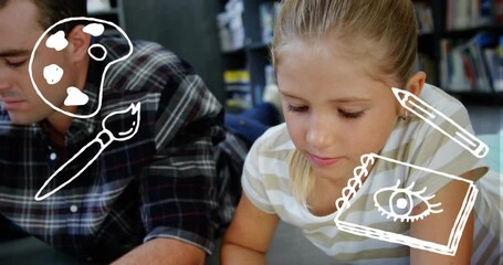 Poster - animation of school concept icons over caucasian male teacher and girl studying in library at school