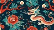 Illustration with red and white dragons with traditional Chinese elements on a blue background. Design for web, wrapping paper, cover, textile, fabric, wallpaper. Image generated with AI