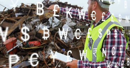 Poster - Animation of multiple currency symbols against caucasian male supervisor with clipboard at junkyard