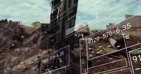 Poster - Animation of data processing against hydraulic lifting machine with claw attachment at junkyard