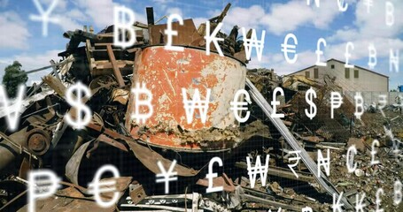 Poster - Animation of interface with multiple currency symbols against industrial scrap metal in junkyard