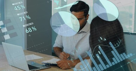 Poster - Animation of statistical data processing over asian man taking notes talking to a woman at office