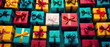 © Synthetica - Colorful gift boxes with ribbons and bows on a blue background.