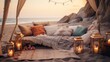 luxury hotel Cozy boho style oceanfront seating area during sunset . Sofa, poufs, cushions and macramé. Vacation concept in a warm country 