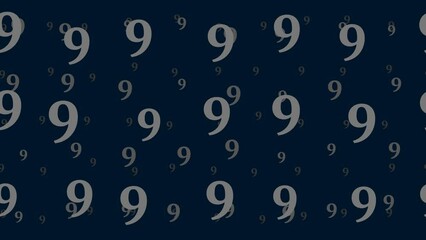 Poster - Number nine symbols float horizontally from left to right. Parallax fly effect. Floating symbols are located randomly. Seamless looped 4k animation on dark blue background