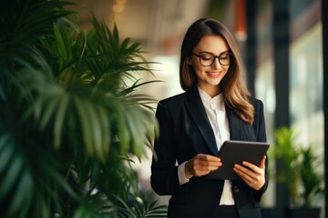 Wall Mural - Portrait of beautiful young woman standing in front of glass board and using device. Female office worker in glasses and stylish suit using digital tablet in company.