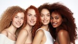 Natural beauty, diversity. Four multiethnic young women, Caucasian, African and Irish, with diffrent types of skin, posing together against beige background and looking on camera