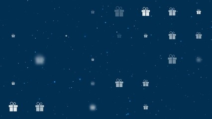 Poster - Template animation of evenly spaced gift symbols of different sizes and opacity. Animation of transparency and size. Seamless looped 4k animation on dark blue background with stars