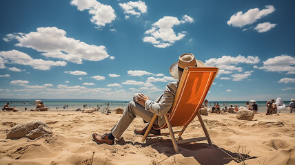 Wall Mural - Man in hat and sunglasses sittingchair on sandy beach.