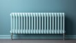 A classic column radiator in elegant shades of pearly white and pastel blue background with empty space for text 