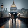 Mann und Frau unterm Schirm gehen in einer Stadt spazieren Man and woman under umbrella walking in a city