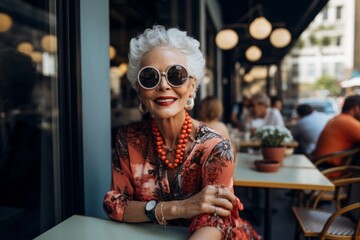 Wall Mural - Portrait of a glad woman in her 70s wearing a trendy sunglasses against a bustling city cafe. AI Generation