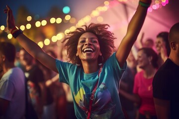 Wall Mural - Portrait of a blissful woman in her 30s wearing a sporty polo shirt against a vibrant festival crowd. AI Generation