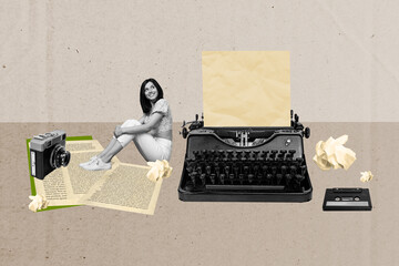 Wall Mural - Creative abstract picture collage of young professional correspondent typewriter oldschool keyboard machine isolated on beige background