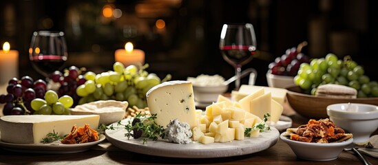 In the background of the room a white wooden table is set for a gourmet dinner with a variety of cheeses elegantly placed on a plate ready to complement the delicious cuisine being cooked fo